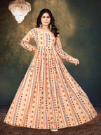 Sonakshi Women's Beige Muslin Digital Print Full Round Flair Anarkali Gown Set | Grocsy