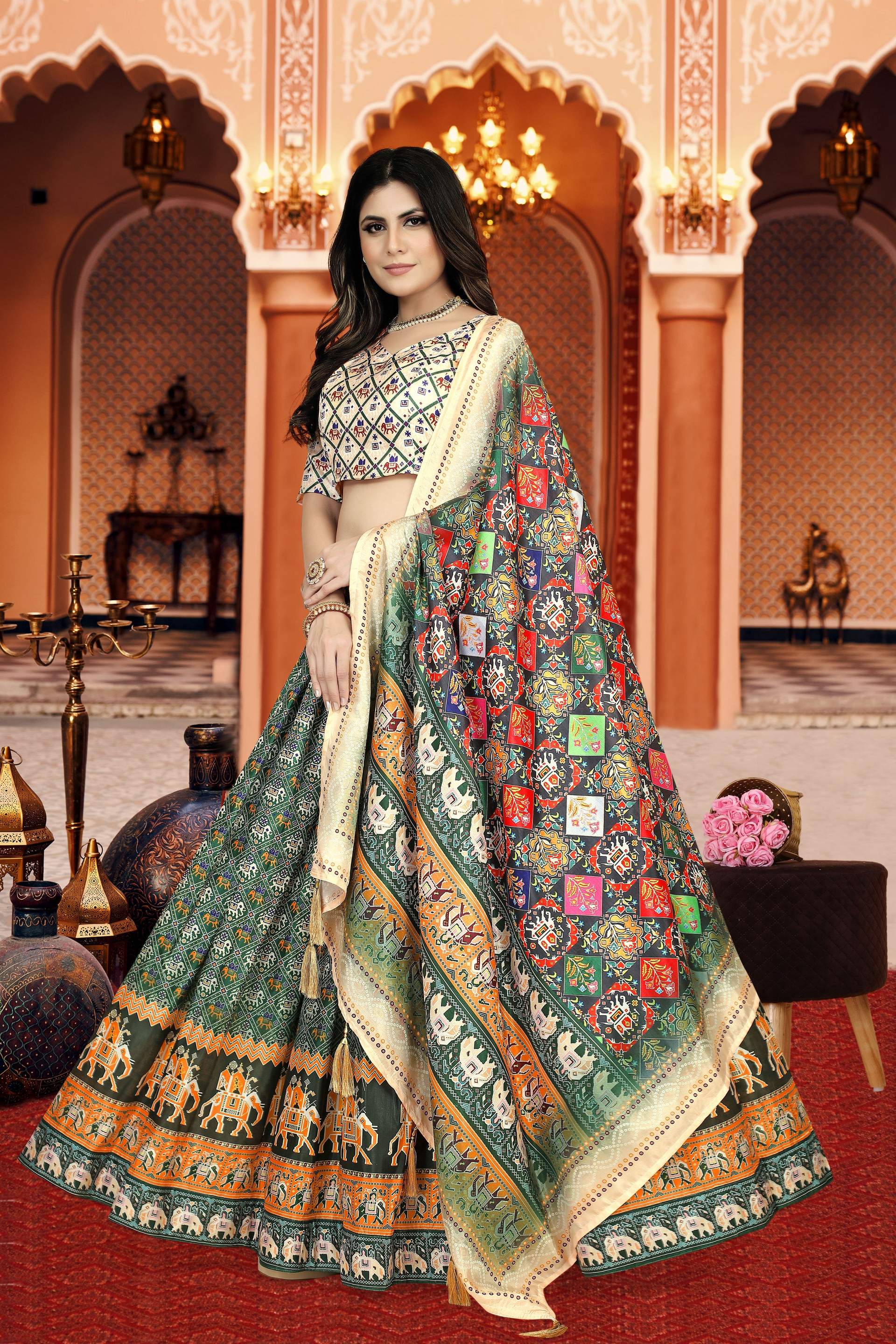 Sonakshi Women's Multicolor Dola Silk Digital Printed Lehenga Choli With Dupatta | Grocsy