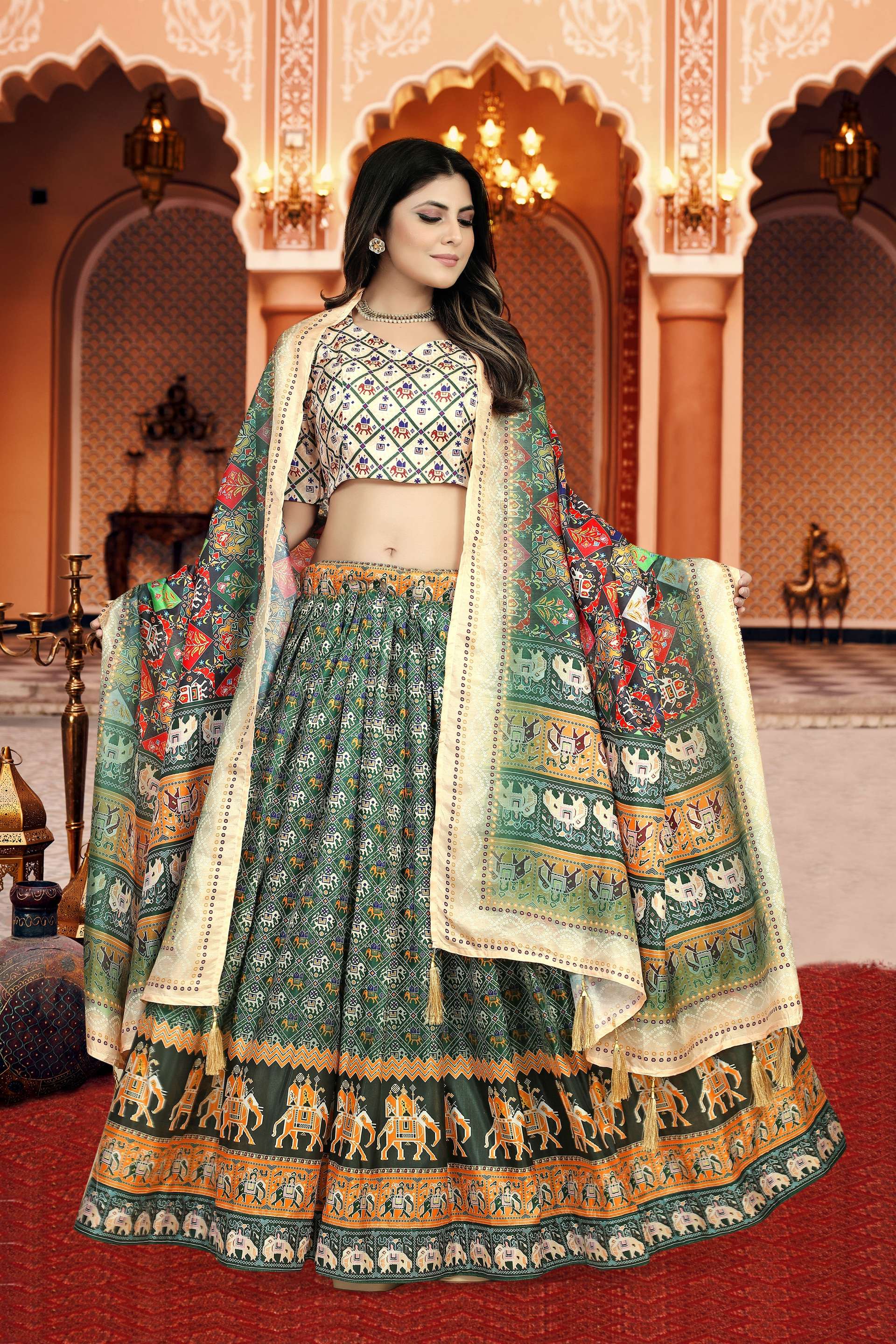 Sonakshi Women's Multicolor Dola Silk Digital Printed Lehenga Choli With Dupatta | Grocsy
