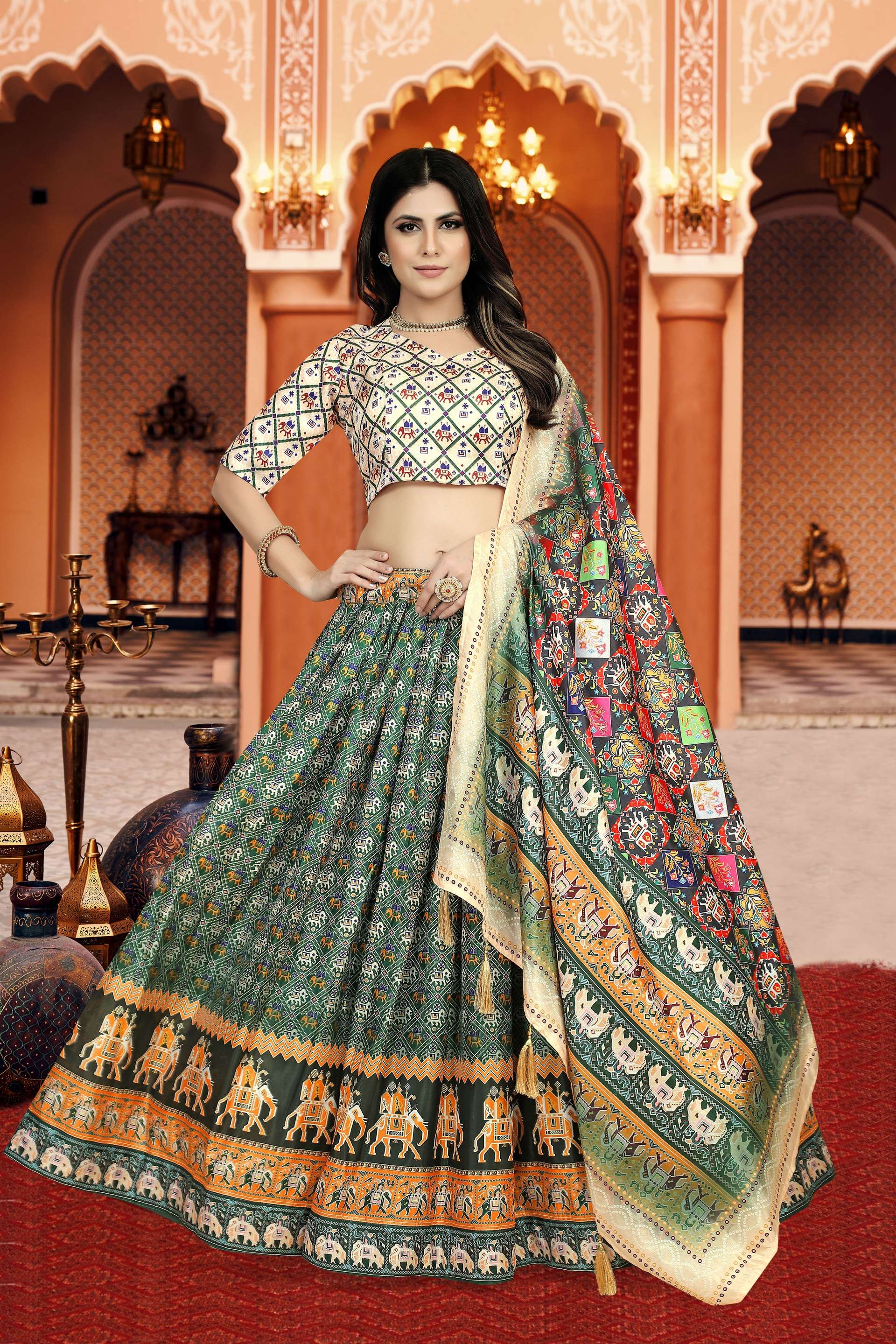 Sonakshi Women's Multicolor Dola Silk Digital Printed Lehenga Choli With Dupatta | Grocsy