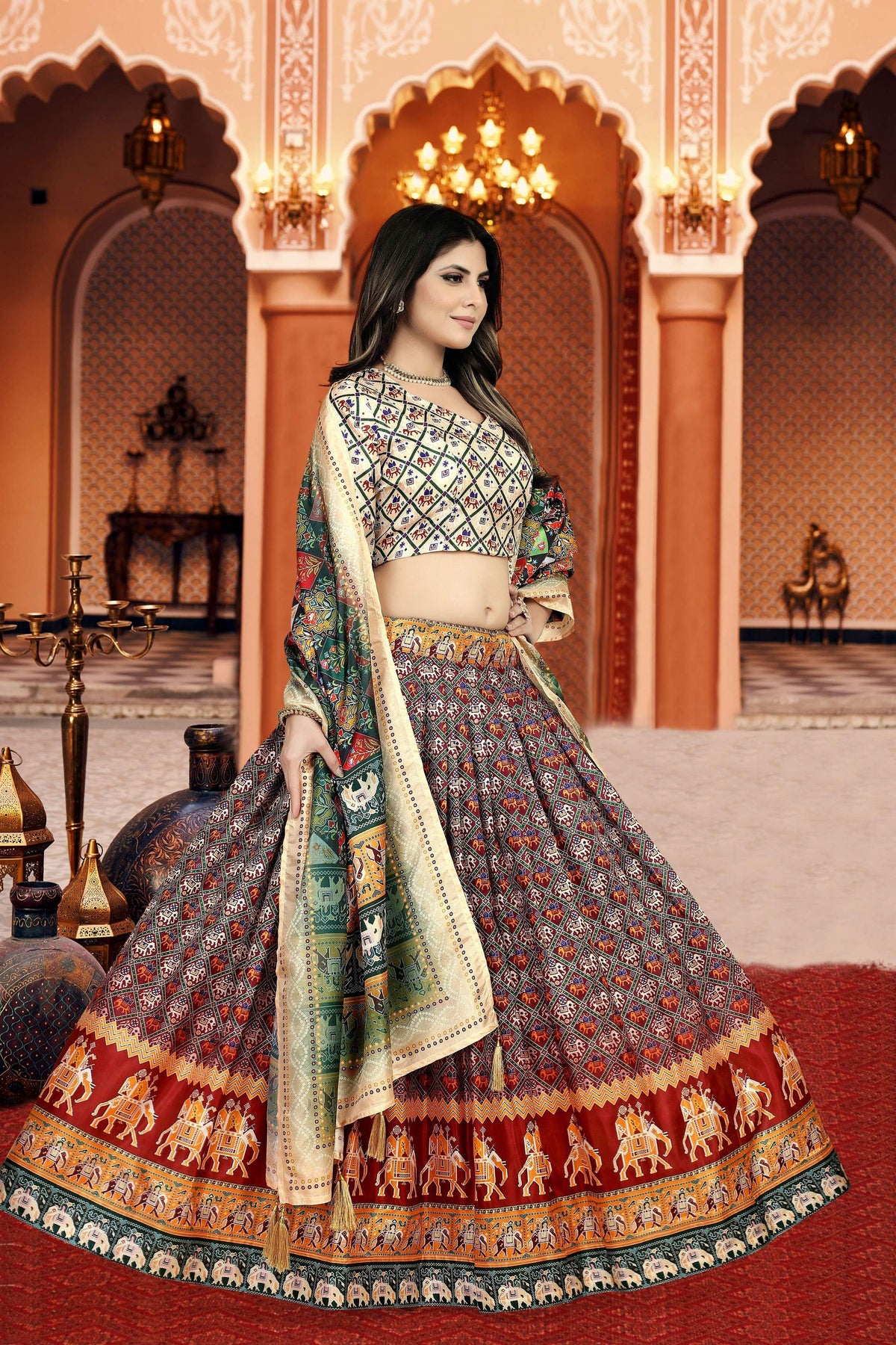 Sonakshi Women's Multicolor Dola Silk Digital Printed Lehenga Choli With Dupatta | Grocsy