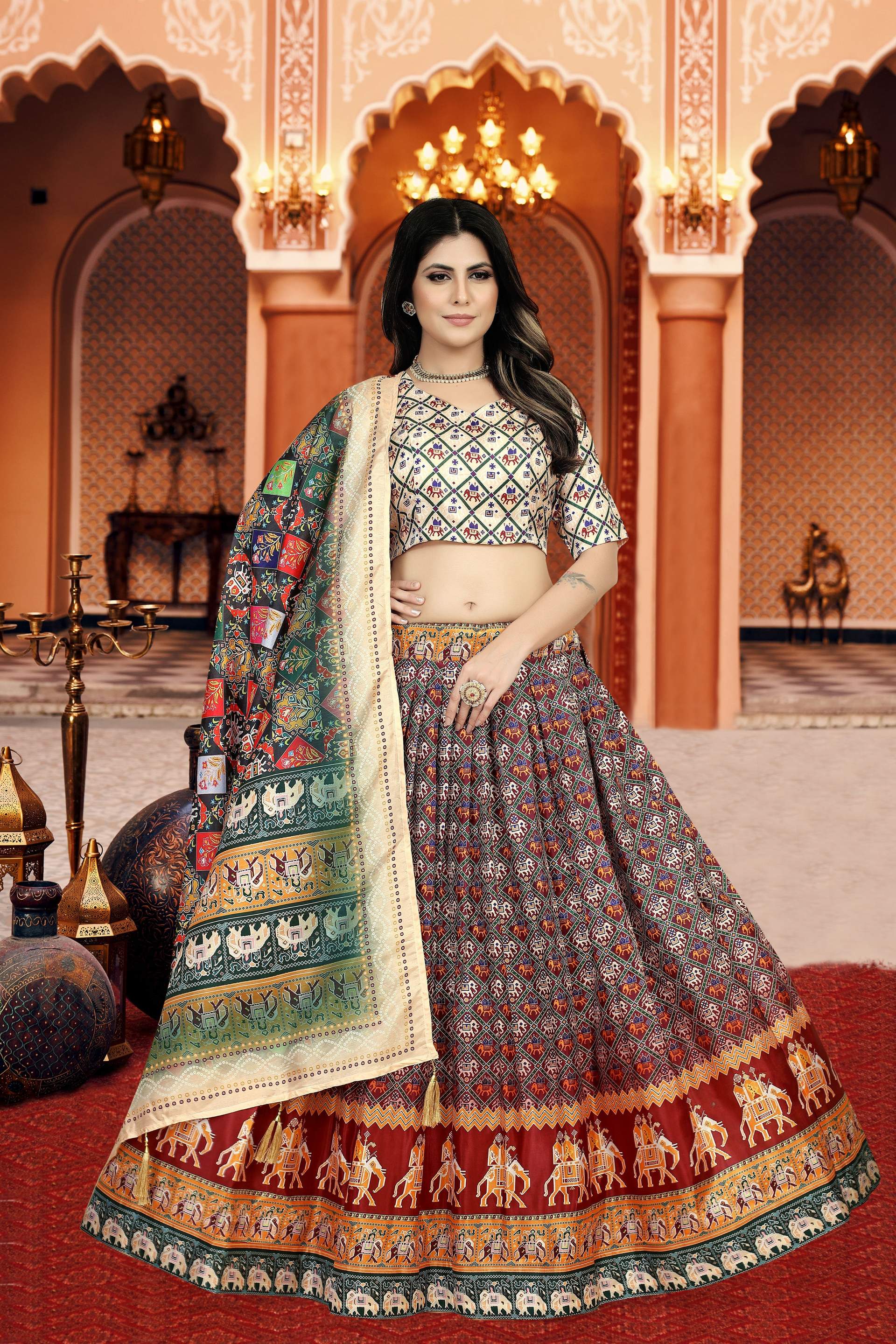 Sonakshi Women's Multicolor Dola Silk Digital Printed Lehenga Choli With Dupatta | Grocsy