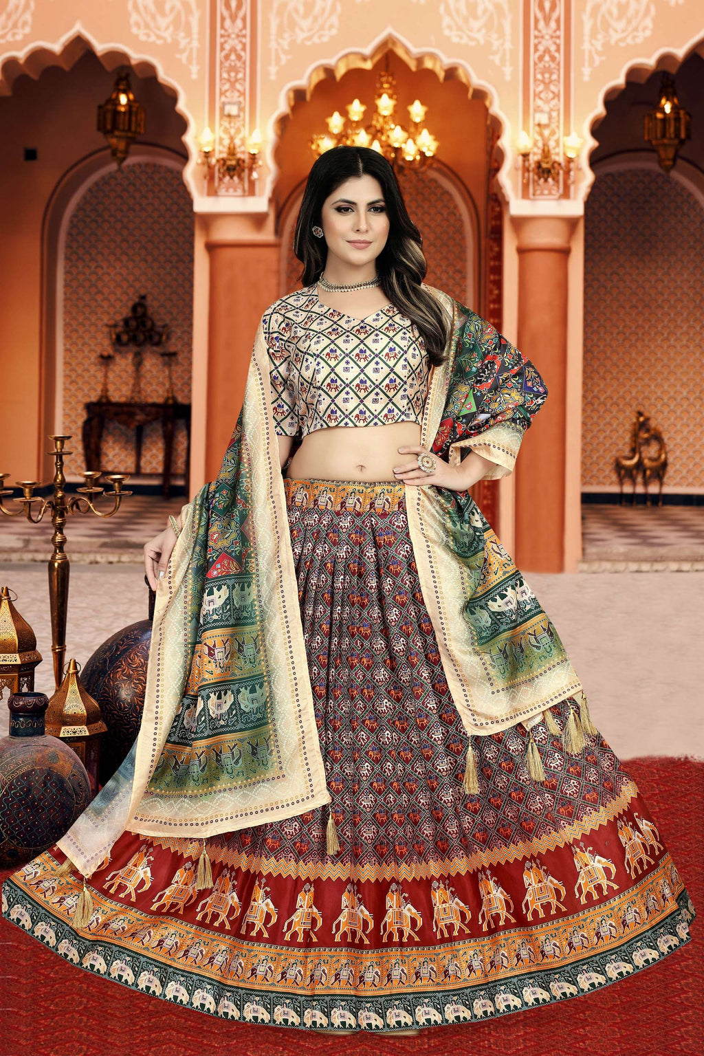 Sonakshi Women's Multicolor Dola Silk Digital Printed Lehenga Choli With Dupatta | Grocsy