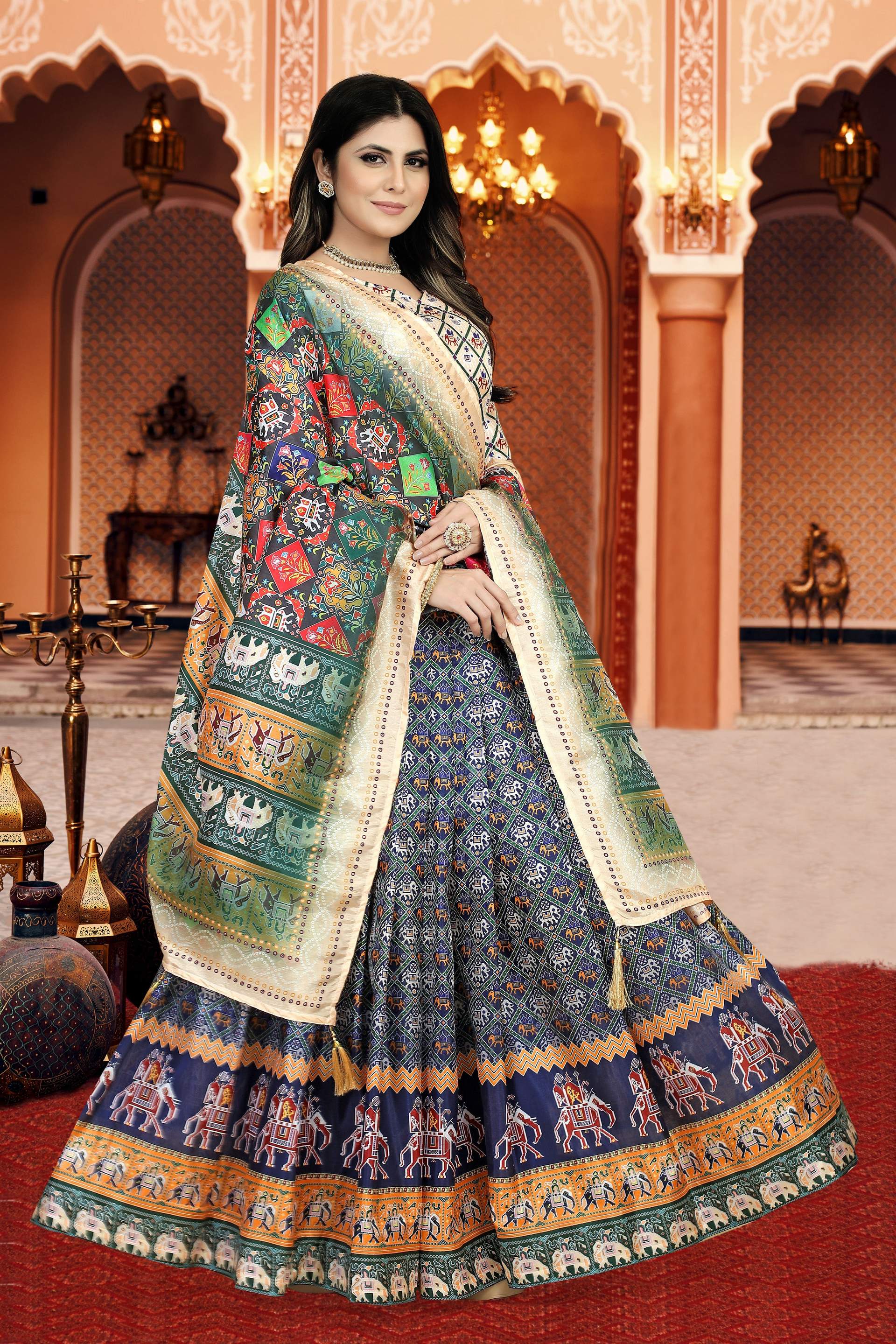 Sonakshi Women's Multicolor Dola Silk Digital Printed Lehenga Choli With Dupatta | Grocsy