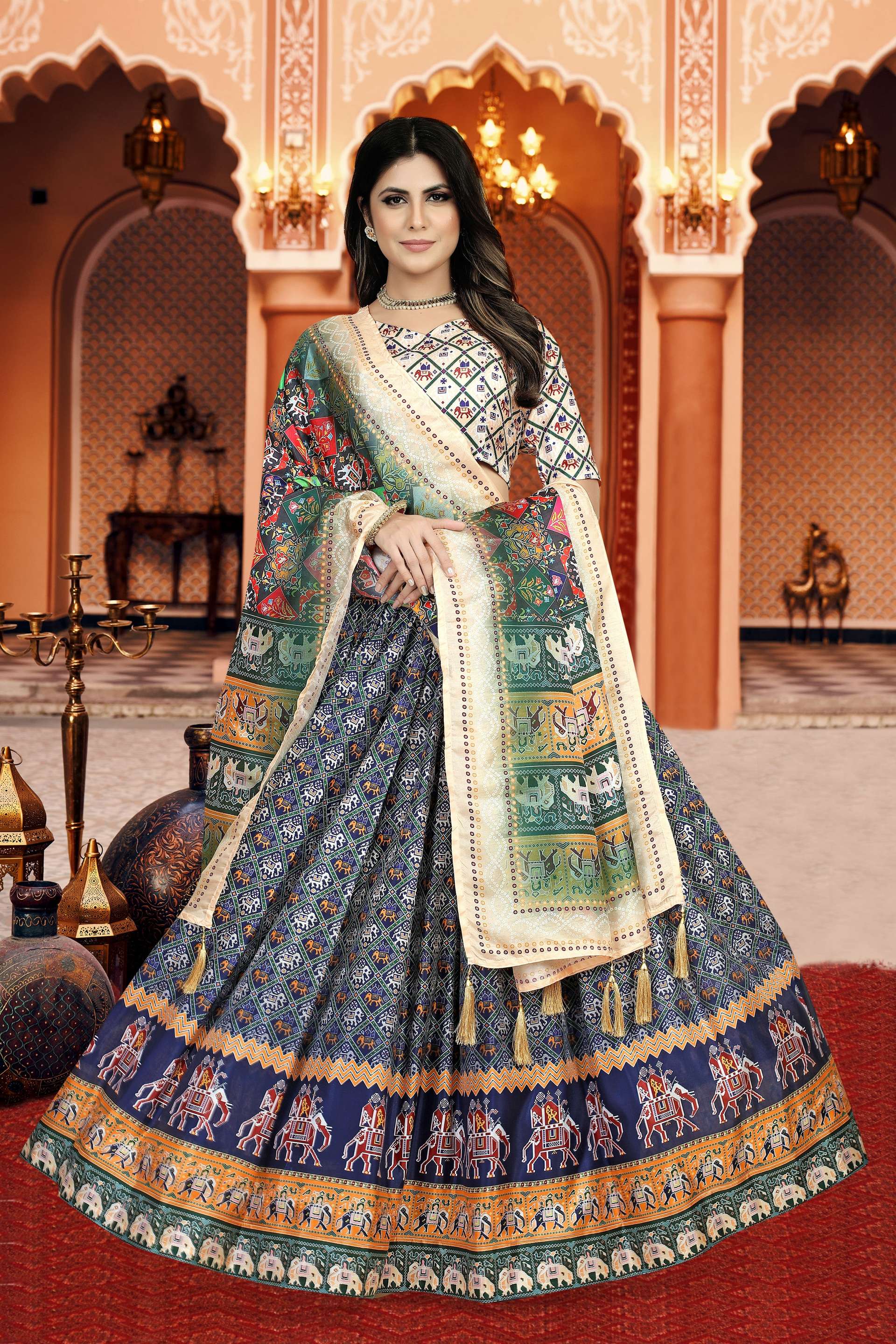 Sonakshi Women's Multicolor Dola Silk Digital Printed Lehenga Choli With Dupatta | Grocsy