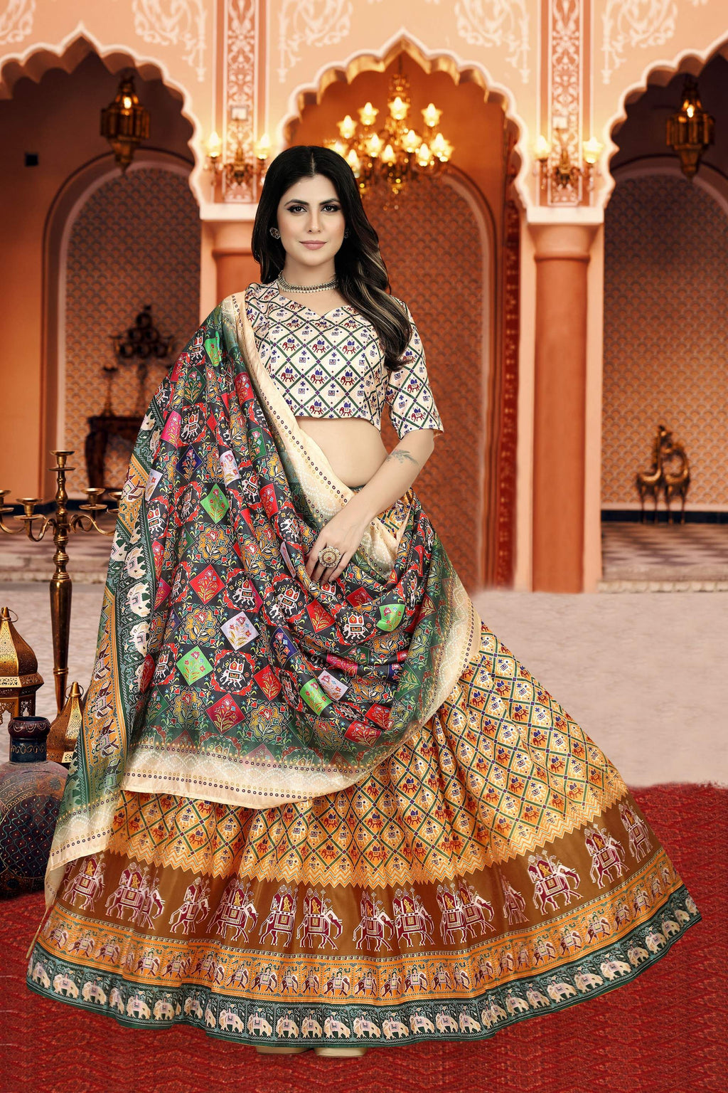 Sonakshi Women's Multicolor Dola Silk Digital Printed Lehenga Choli With Dupatta | Grocsy