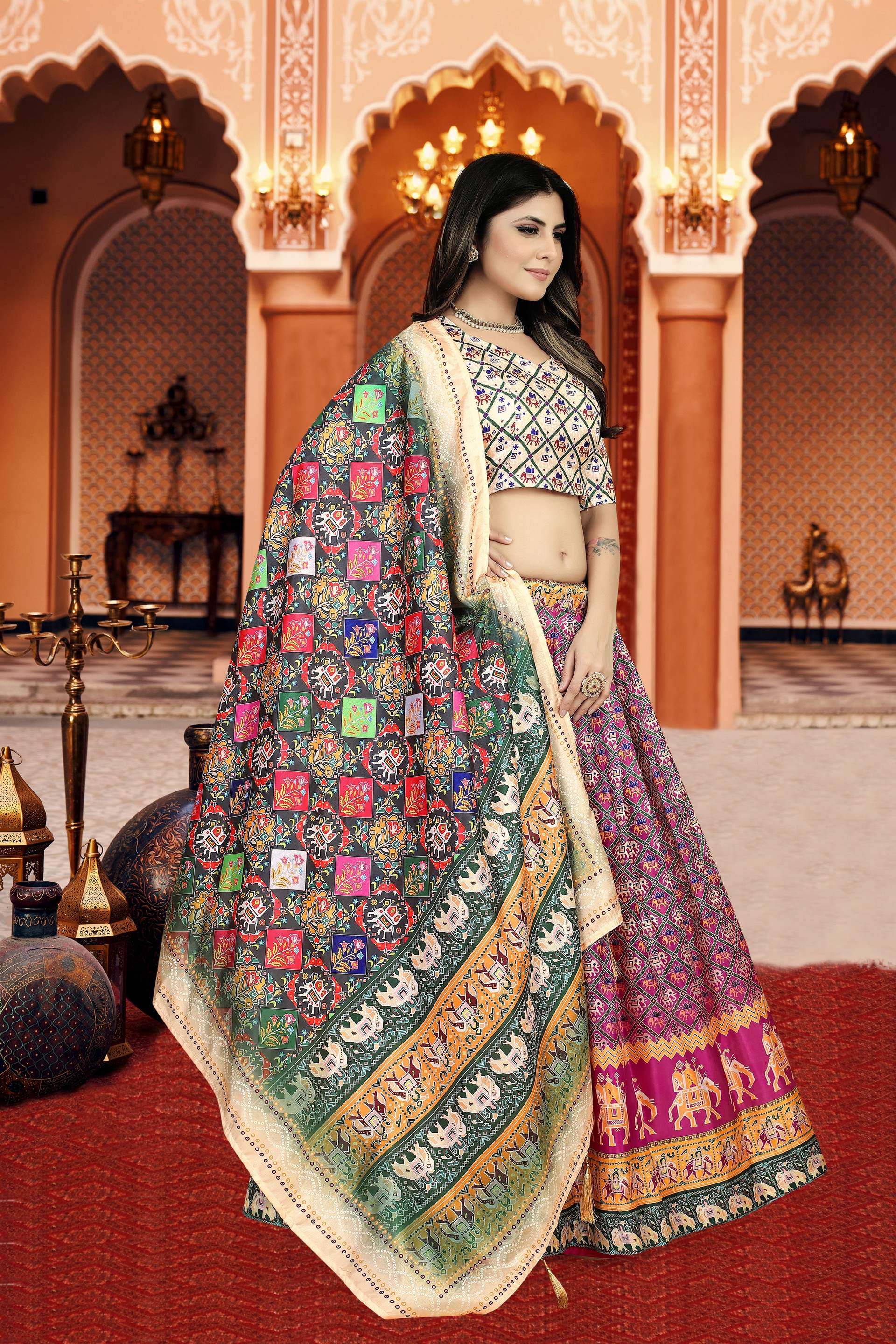 Sonakshi Women's Multicolor Dola Silk Digital Printed Lehenga Choli With Dupatta | Grocsy