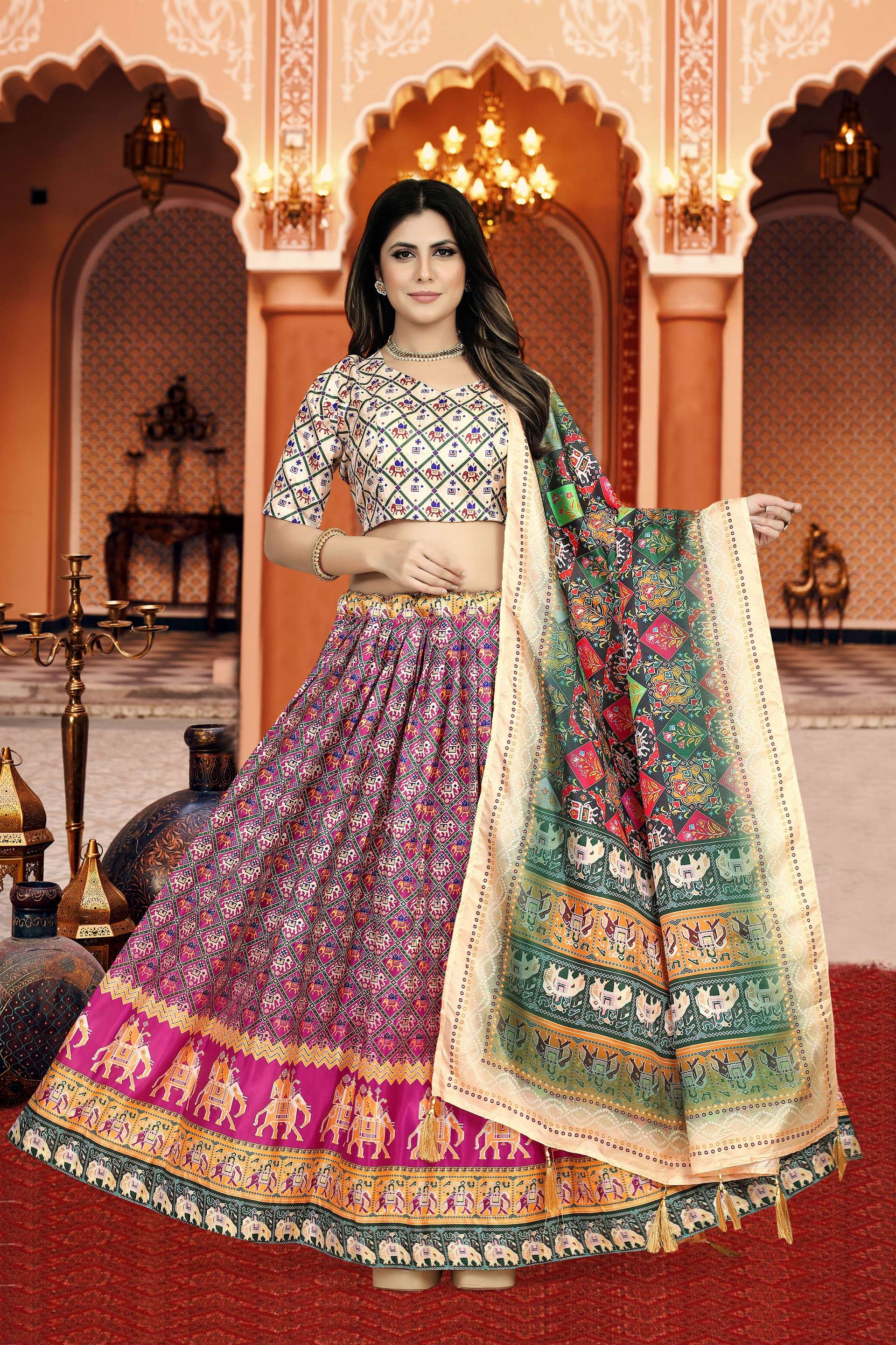 Sonakshi Women's Multicolor Dola Silk Digital Printed Lehenga Choli With Dupatta | Grocsy