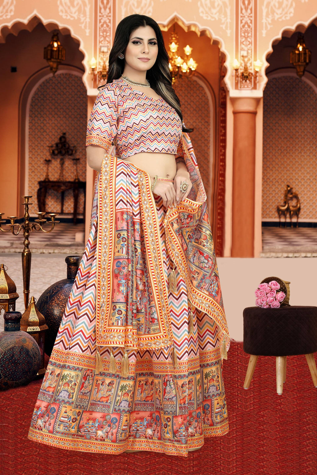 Sonakshi Women's Multicolor Dola Silk Digital Printed Lehenga Choli With Dupatta | Grocsy