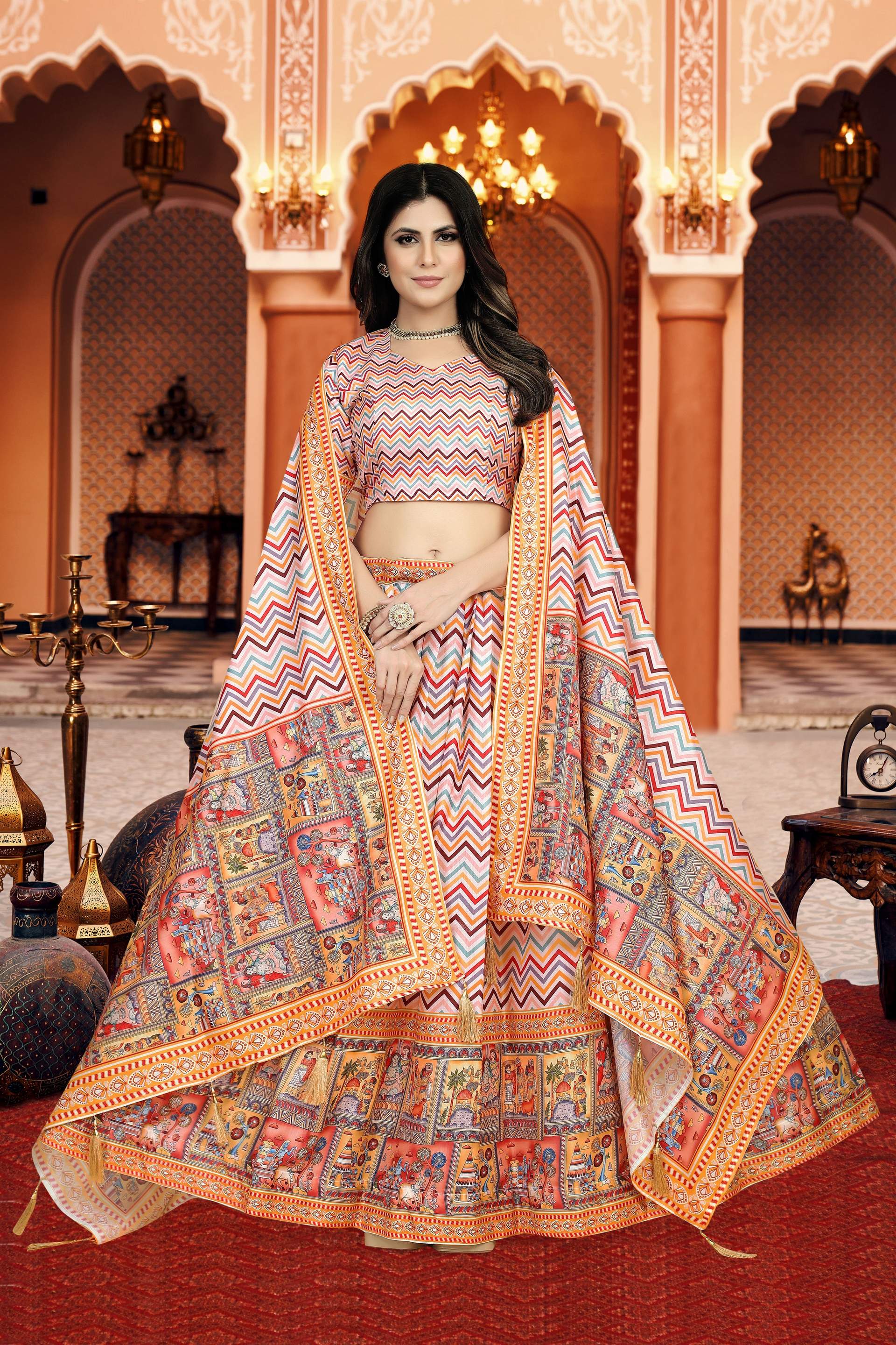 Sonakshi Women's Multicolor Dola Silk Digital Printed Lehenga Choli With Dupatta | Grocsy