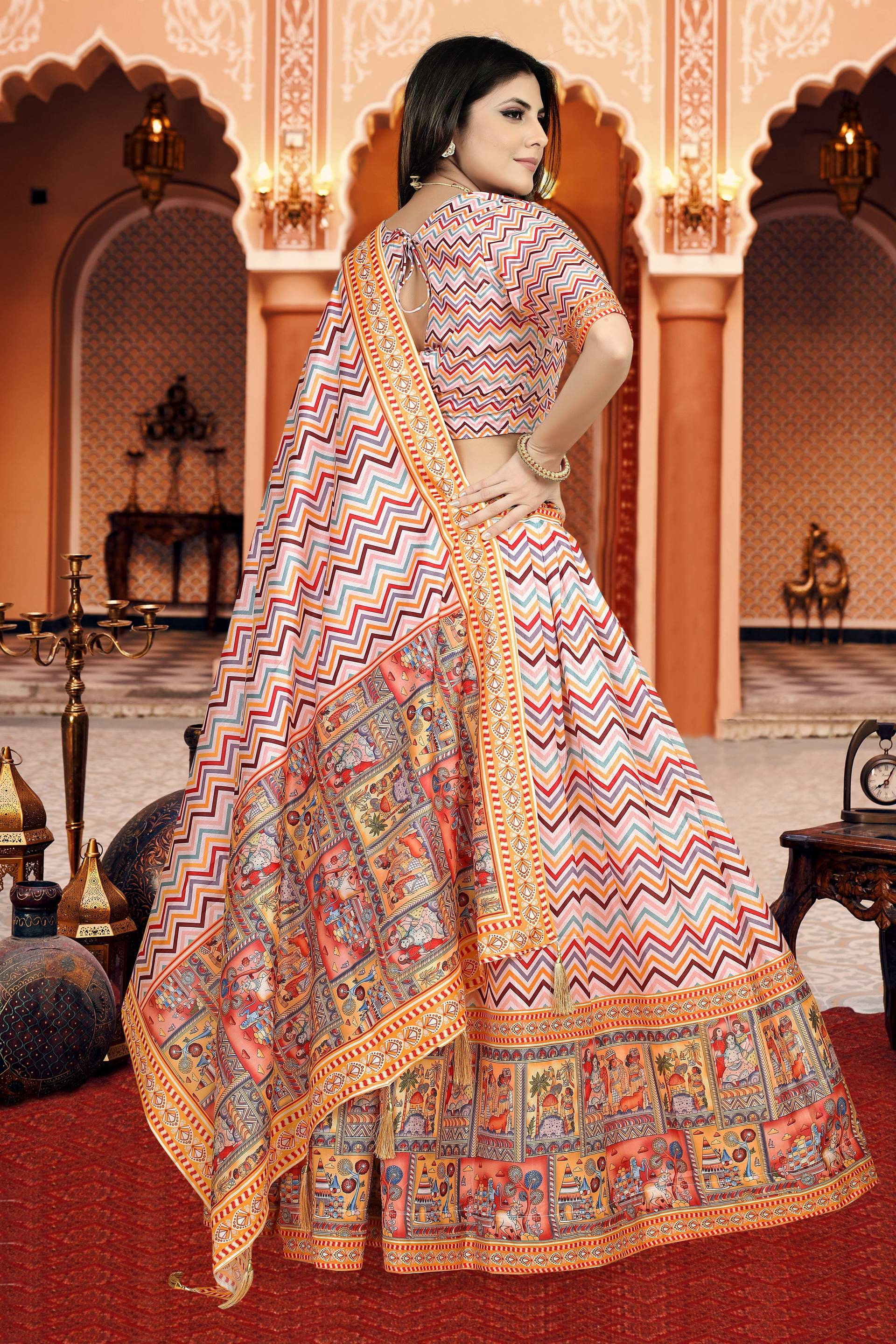 Sonakshi Women's Multicolor Dola Silk Digital Printed Lehenga Choli With Dupatta | Grocsy