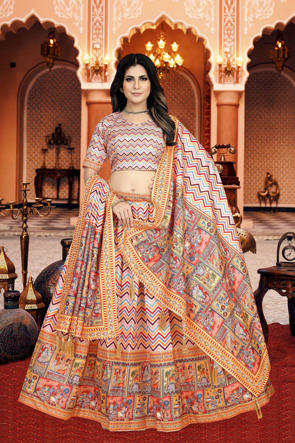Sonakshi Women's Multicolor Dola Silk Digital Printed Lehenga Choli With Dupatta | Grocsy