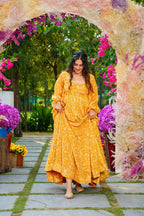 Sonakshi Women's Yellow Georgette Digital Print Full Round Flair Anarkali Gown Set | Grocsy