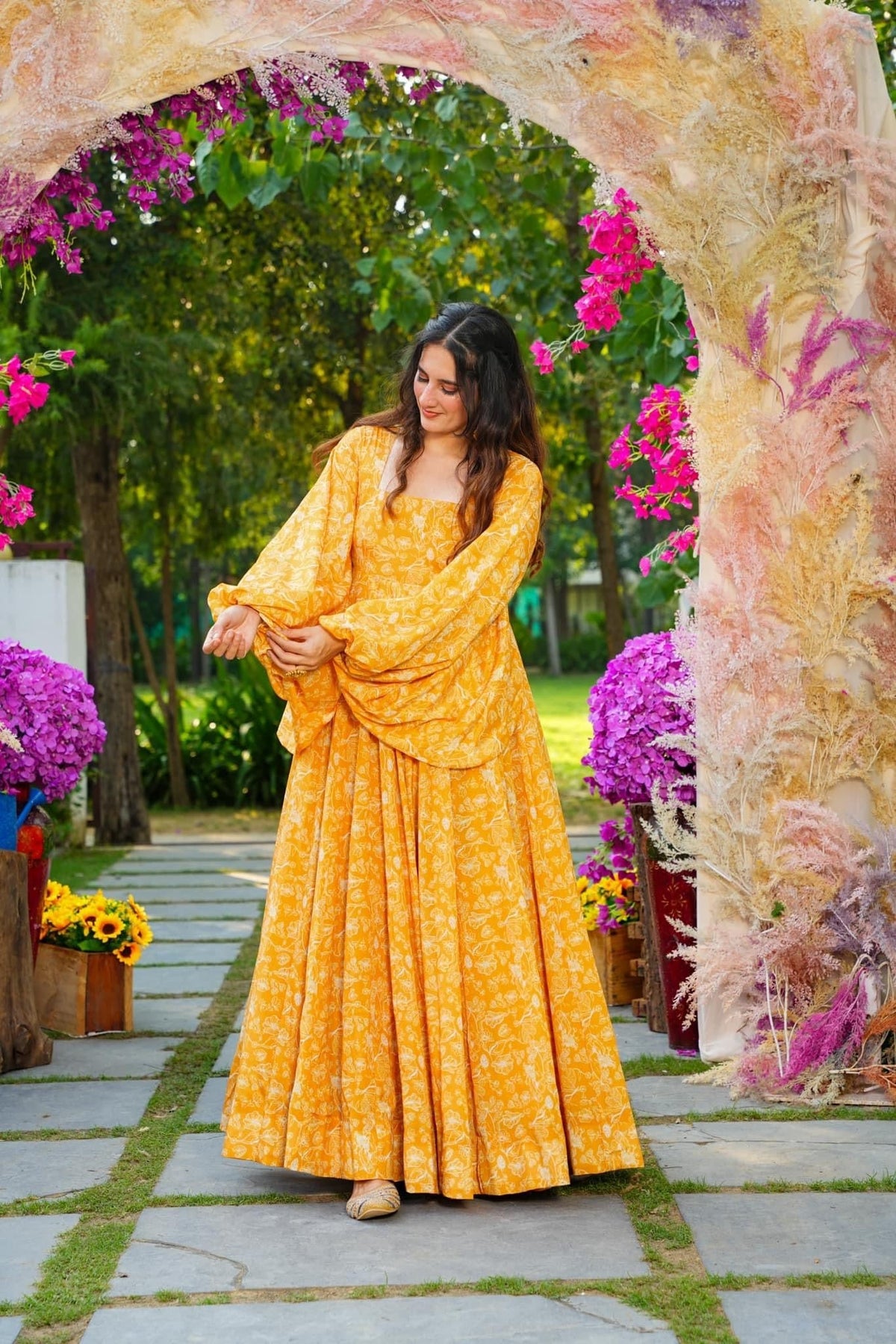 Sonakshi Women's Yellow Georgette Digital Print Full Round Flair Anarkali Gown Set | Grocsy