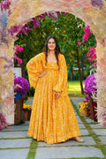 Sonakshi Women's Yellow Georgette Digital Print Full Round Flair Anarkali Gown Set | Grocsy