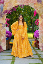 Sonakshi Women's Yellow Georgette Digital Print Full Round Flair Anarkali Gown Set | Grocsy