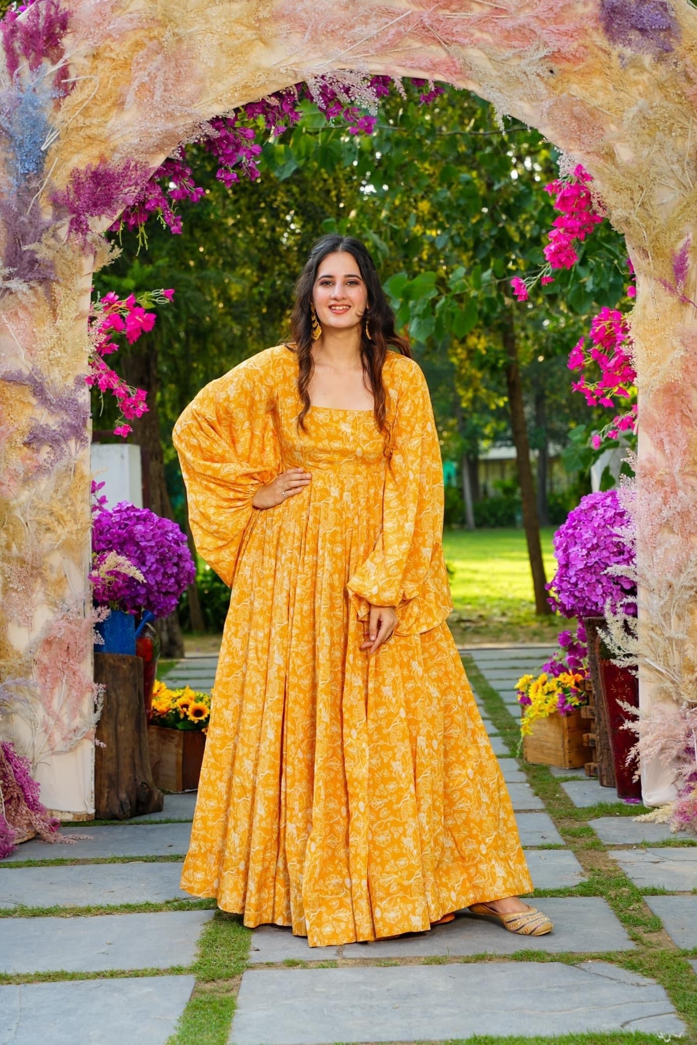 Sonakshi Women's Yellow Georgette Digital Print Full Round Flair Anarkali Gown Set | Grocsy