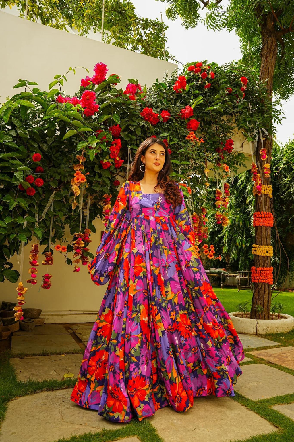 Sonakshi Women's Multicolor Georgette Digital Print Full Round Flair Anarkali Gown Set | Grocsy