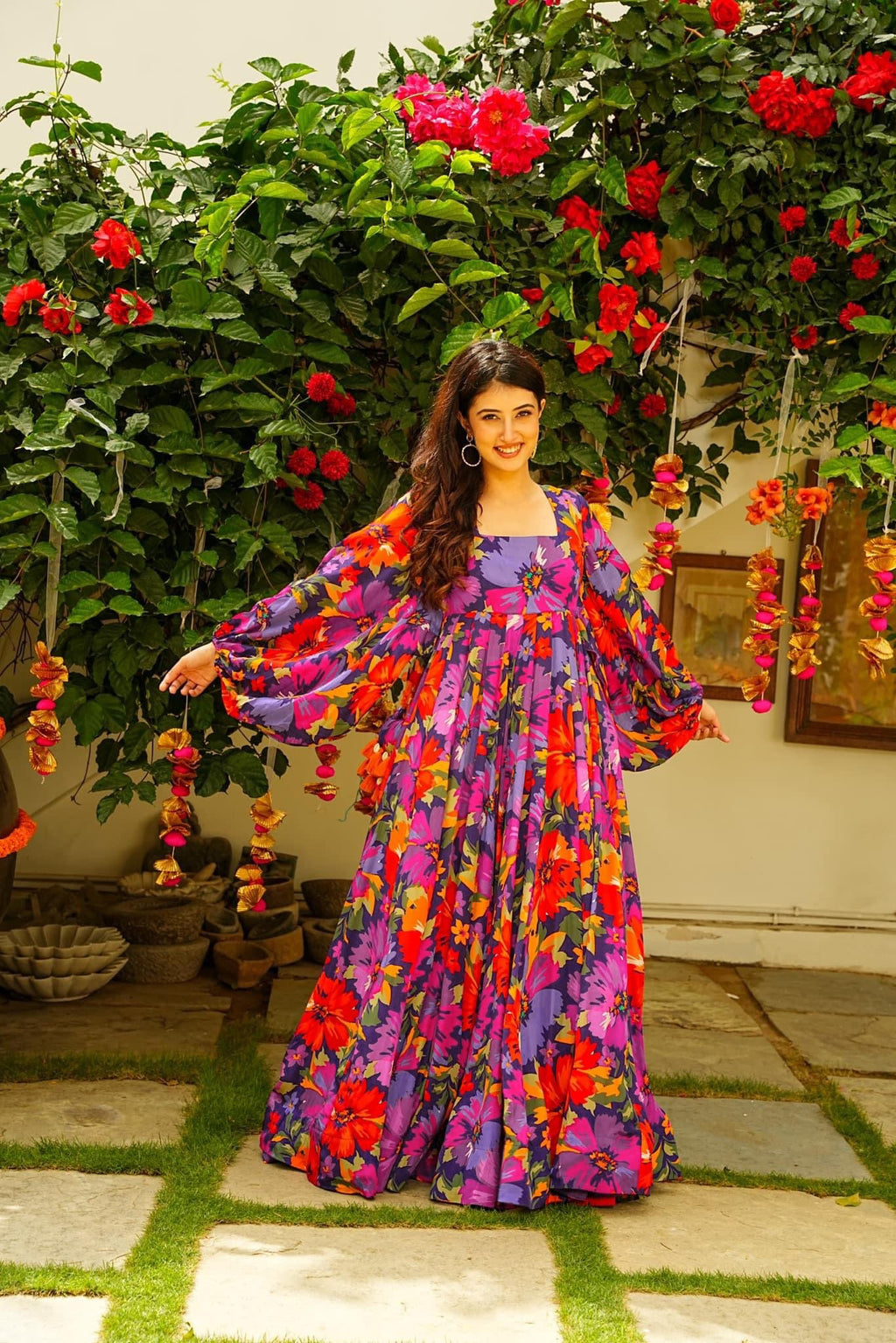 Sonakshi Women's Multicolor Georgette Digital Print Full Round Flair Anarkali Gown Set | Grocsy