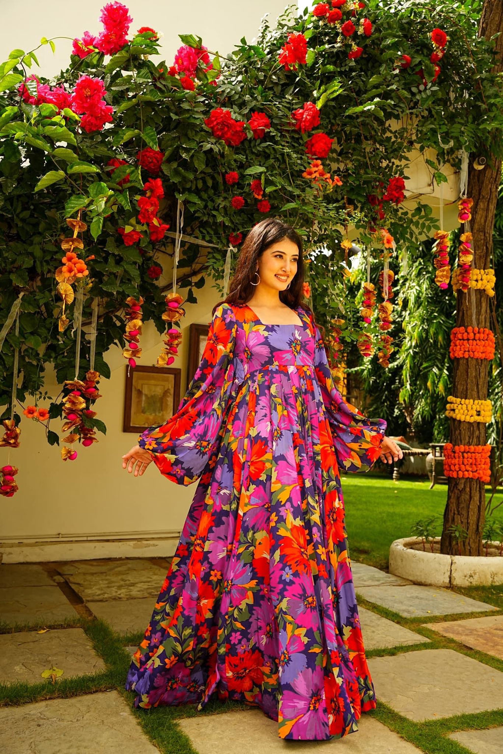 Sonakshi Women's Multicolor Georgette Digital Print Full Round Flair Anarkali Gown Set | Grocsy