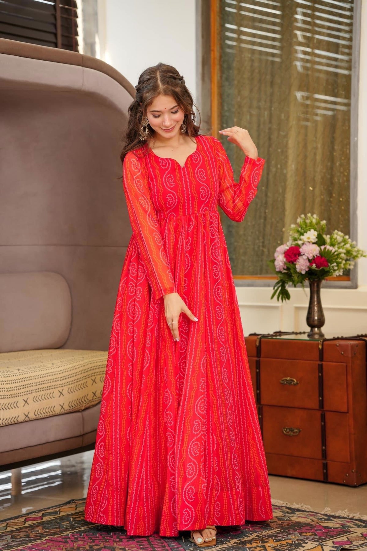 Sonakshi Women's Rani Georgette Digital Print Full Round Flair Anarkali Gown Set | Grocsy