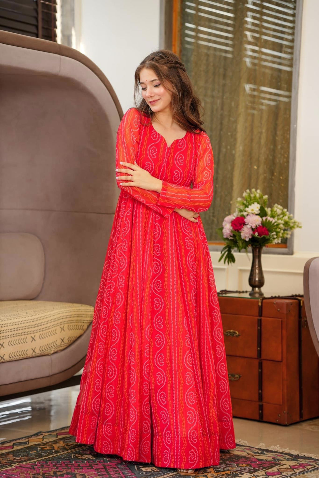 Sonakshi Women's Rani Georgette Digital Print Full Round Flair Anarkali Gown Set | Grocsy