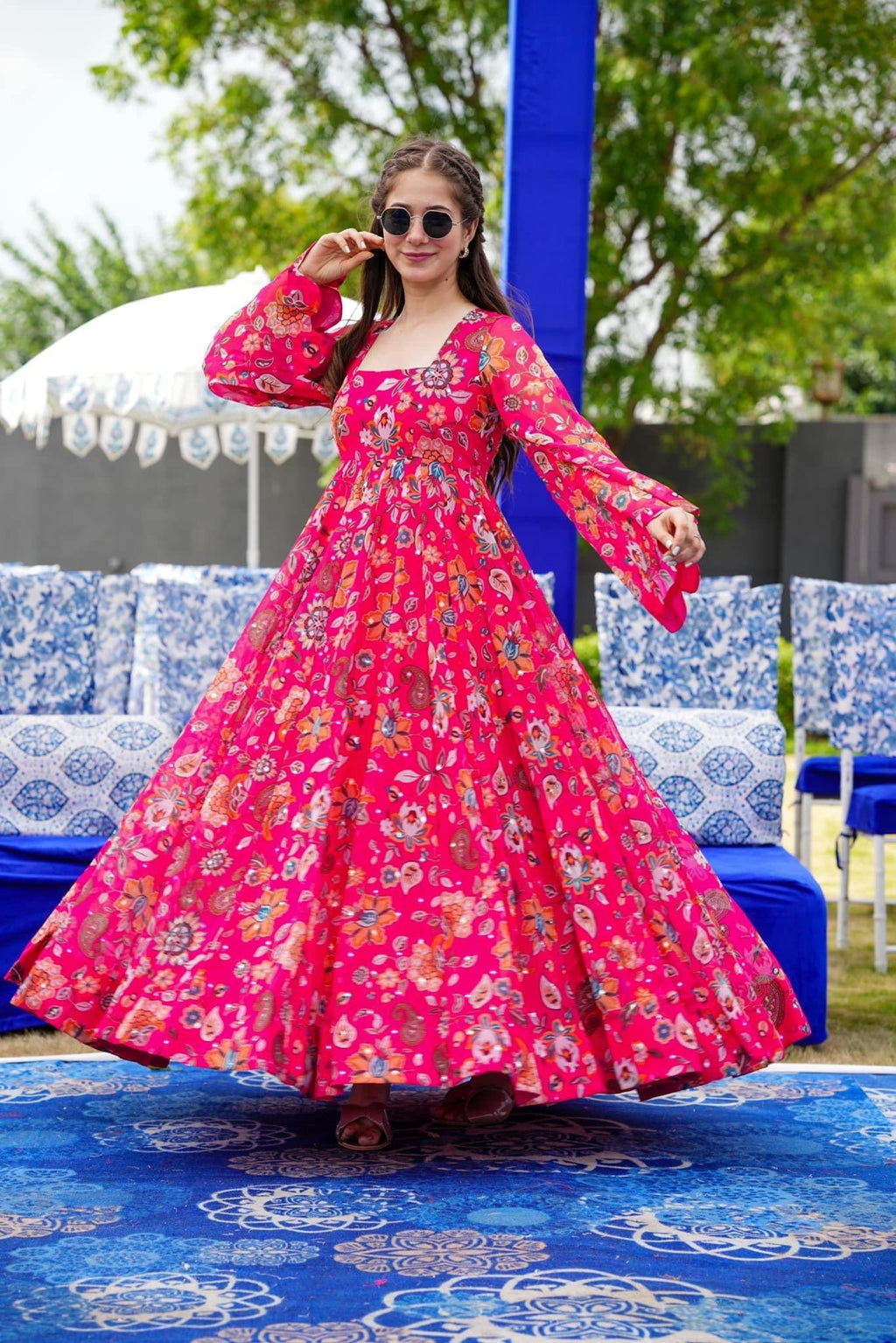 Sonakshi Women's Pink Georgette Digital Print Full Round Flair Anarkali Gown Set | Grocsy