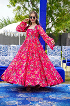 Sonakshi Women's Pink Georgette Digital Print Full Round Flair Anarkali Gown Set | Grocsy