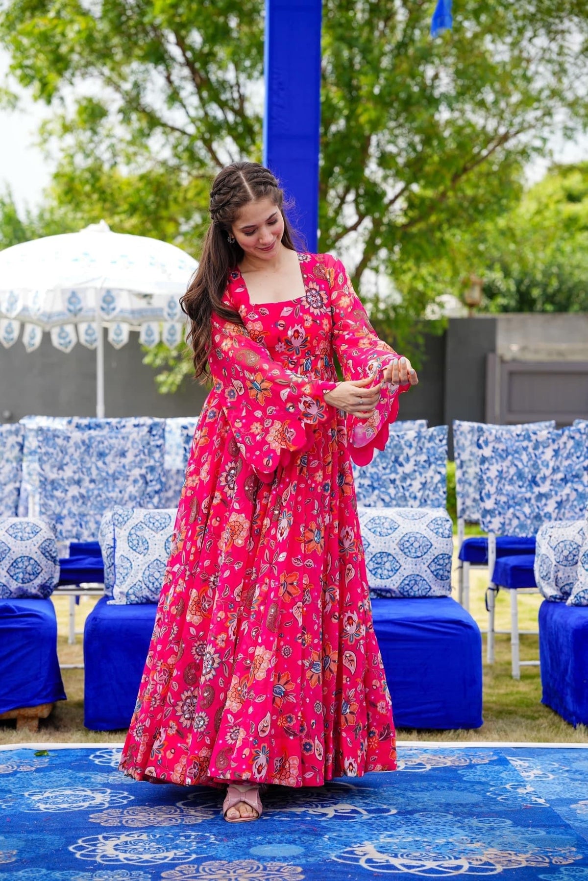 Sonakshi Women's Pink Georgette Digital Print Full Round Flair Anarkali Gown Set | Grocsy