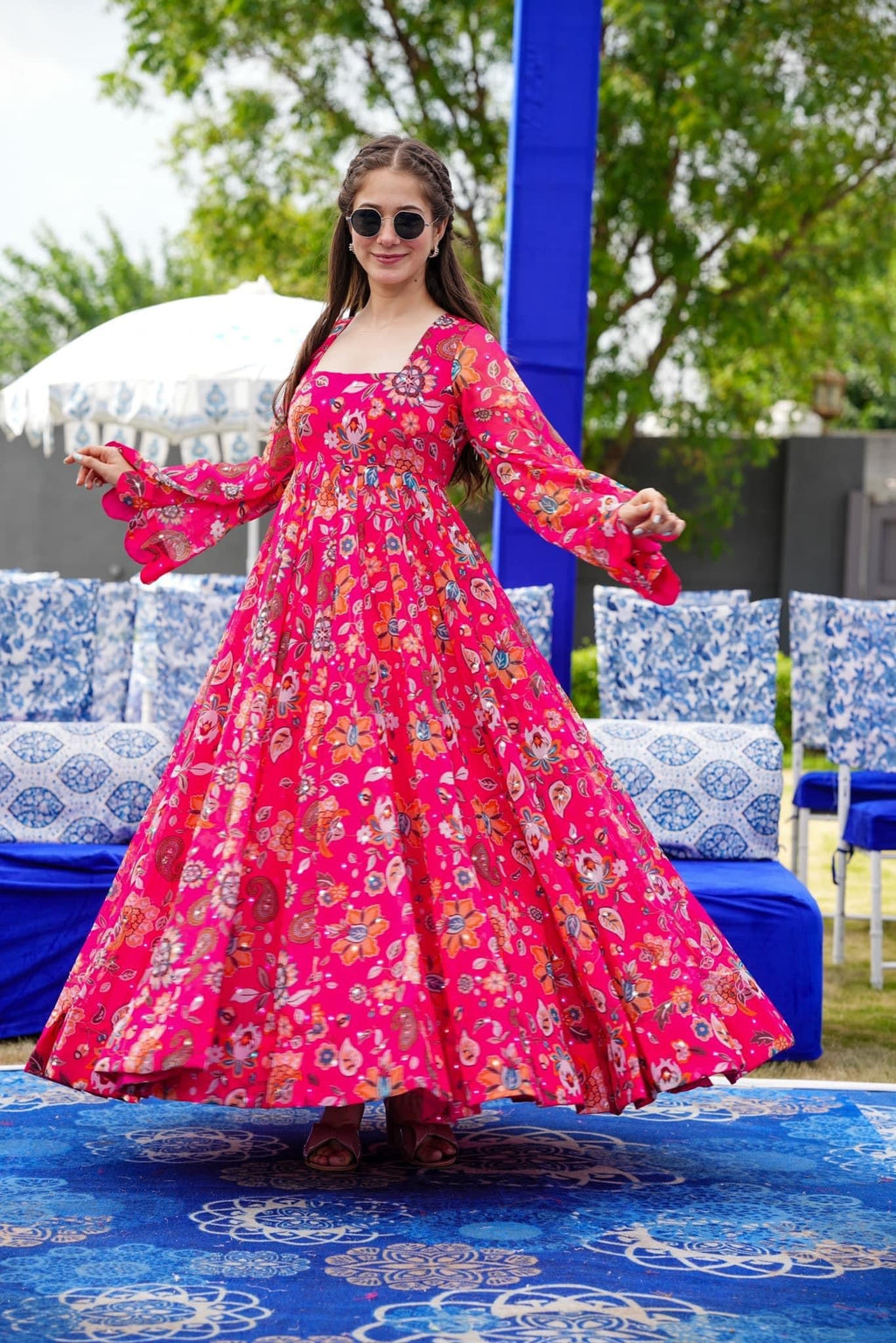 Sonakshi Women's Pink Georgette Digital Print Full Round Flair Anarkali Gown Set | Grocsy