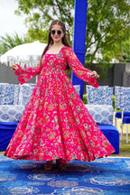 Sonakshi Women's Pink Georgette Digital Print Full Round Flair Anarkali Gown Set | Grocsy