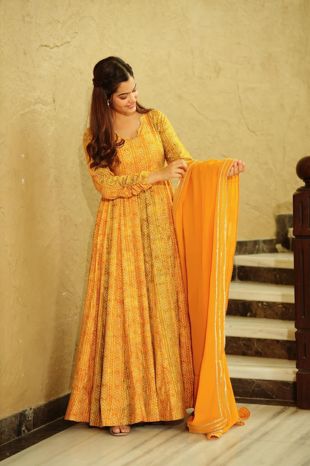 Sonakshi Women's Yellow Georgette Digital Print Full Round Flair Anarkali Gown Set With Dupatta | Grocsy