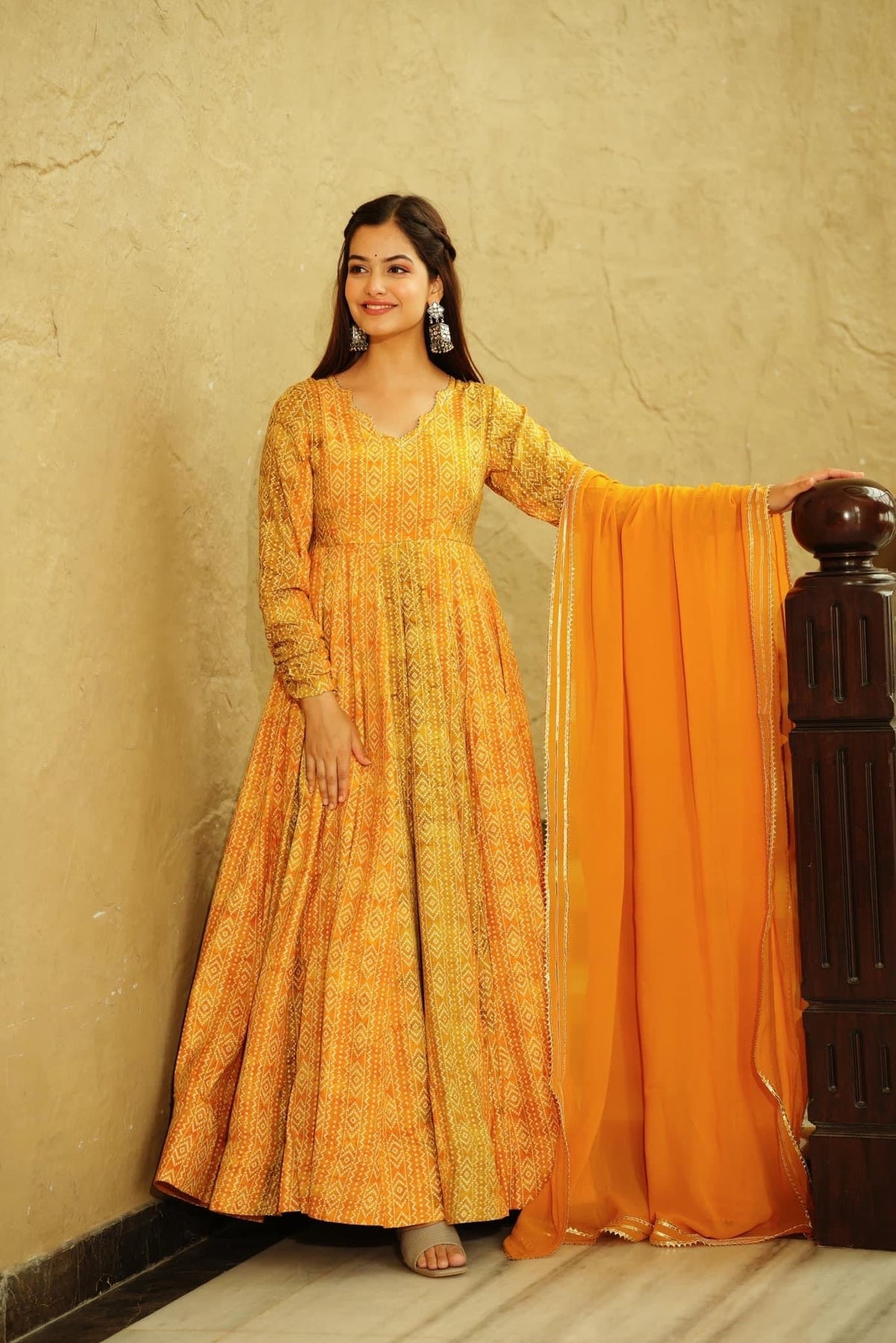 Sonakshi Women's Yellow Georgette Digital Print Full Round Flair Anarkali Gown Set With Dupatta | Grocsy