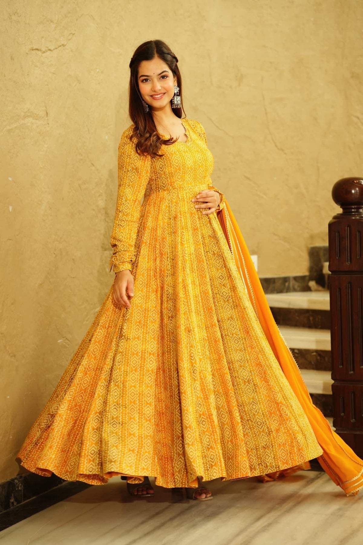 Sonakshi Women's Yellow Georgette Digital Print Full Round Flair Anarkali Gown Set With Dupatta | Grocsy