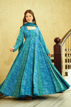 Sonakshi Women's Blue Georgette Digital Print Full Round Flair Anarkali Gown Set With Dupatta | Grocsy