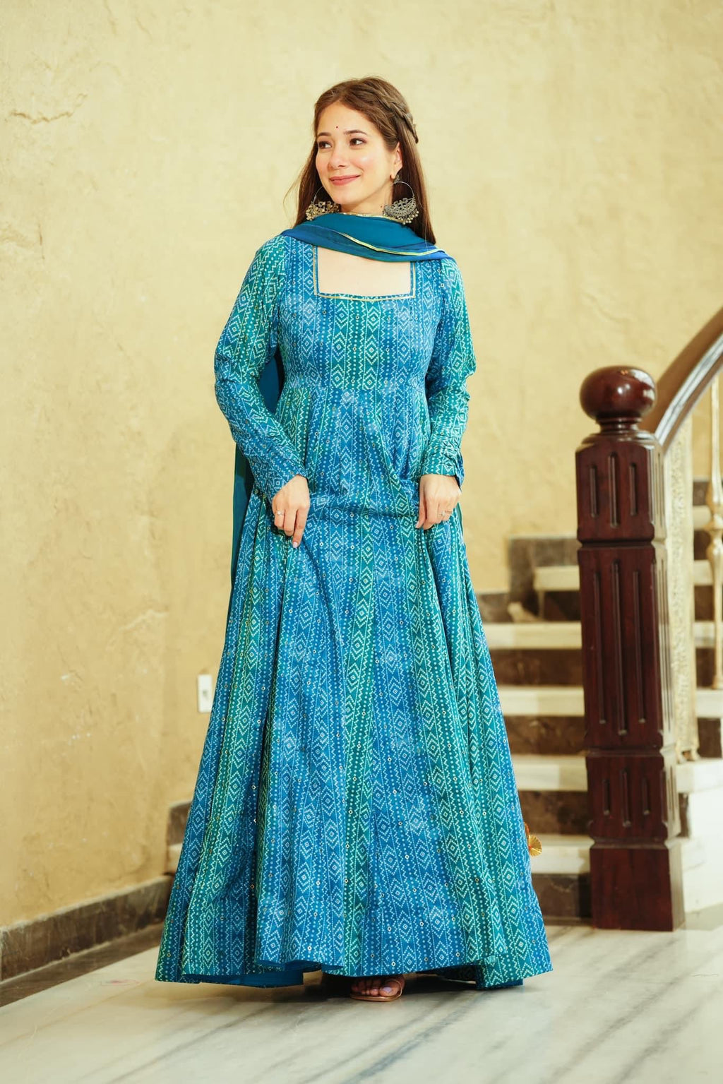 Sonakshi Women's Blue Georgette Digital Print Full Round Flair Anarkali Gown Set With Dupatta | Grocsy