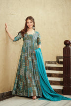 Sonakshi Women's Sky Blue Rayon Digital Print Full Round Flair Anarkali Gown Set With Dupatta | Grocsy