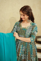 Sonakshi Women's Sky Blue Rayon Digital Print Full Round Flair Anarkali Gown Set With Dupatta | Grocsy