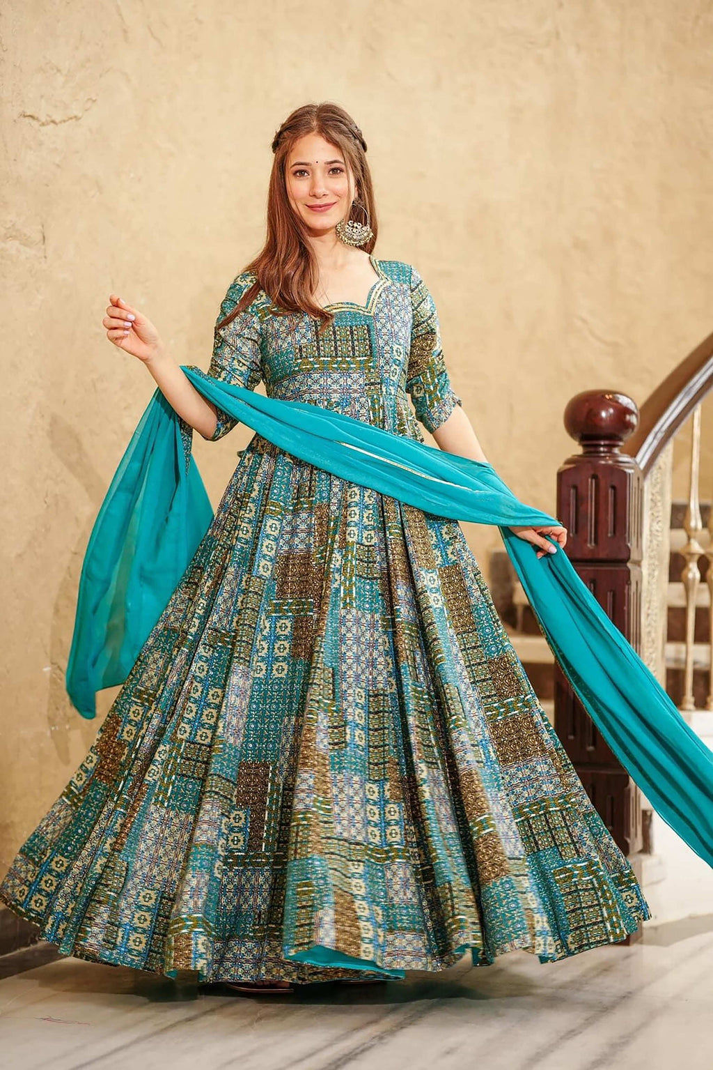 Sonakshi Women's Sky Blue Rayon Digital Print Full Round Flair Anarkali Gown Set With Dupatta | Grocsy