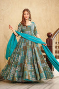 Sonakshi Women's Sky Blue Rayon Digital Print Full Round Flair Anarkali Gown Set With Dupatta | Grocsy