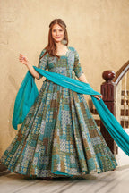 Sonakshi Women's Sky Blue Rayon Digital Print Full Round Flair Anarkali Gown Set With Dupatta | Grocsy