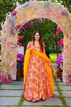 Sonakshi Women's Yellow Rayon Digital Print Full Round Flair Anarkali Gown Set With Dupatta | Grocsy