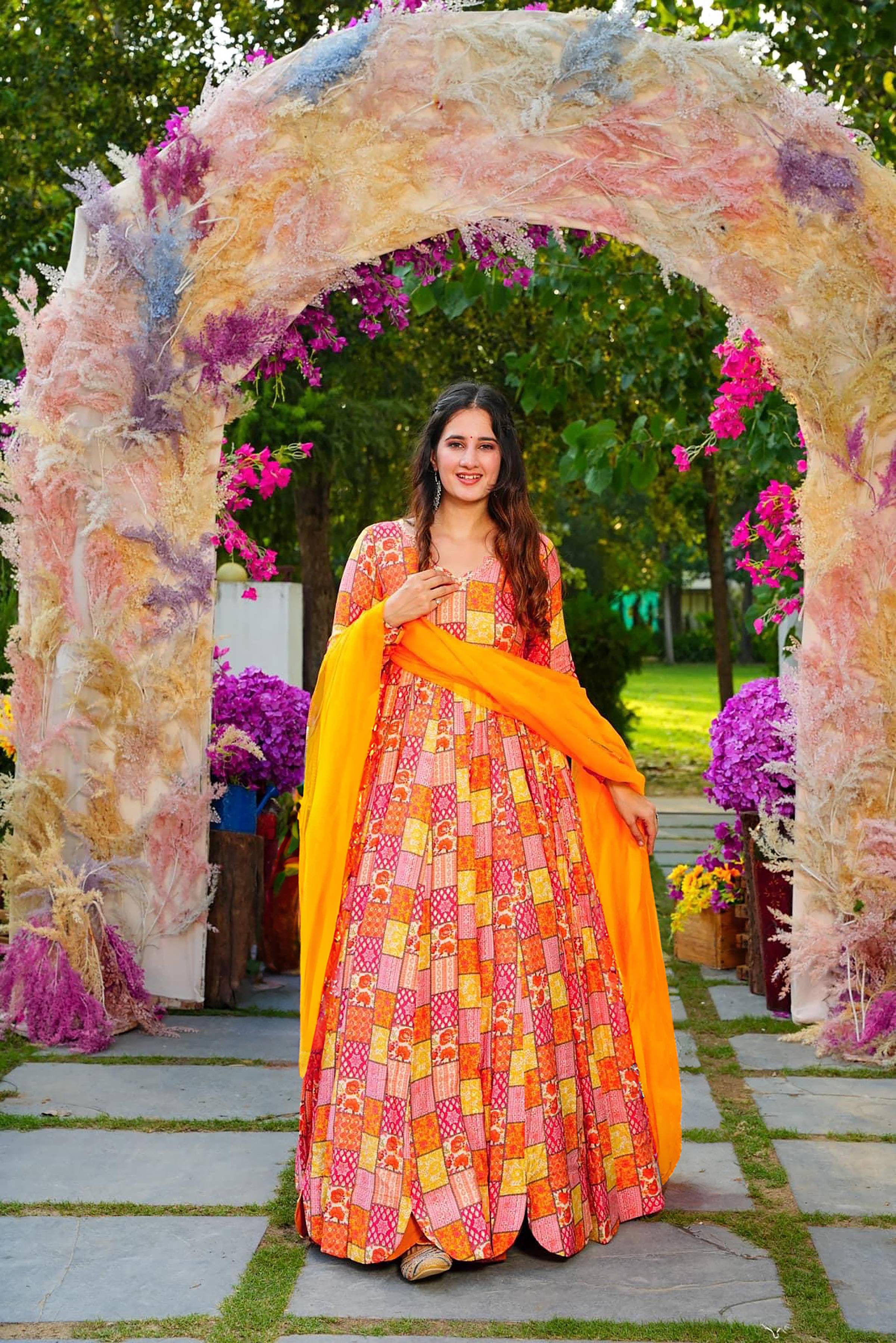 Sonakshi Women's Yellow Rayon Digital Print Full Round Flair Anarkali Gown Set With Dupatta | Grocsy