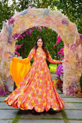 Sonakshi Women's Yellow Rayon Digital Print Full Round Flair Anarkali Gown Set With Dupatta | Grocsy