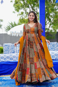 Sonakshi Women's Multicolor Rayon Digital Print Full Round Flair Anarkali Gown Set With Dupatta | Grocsy