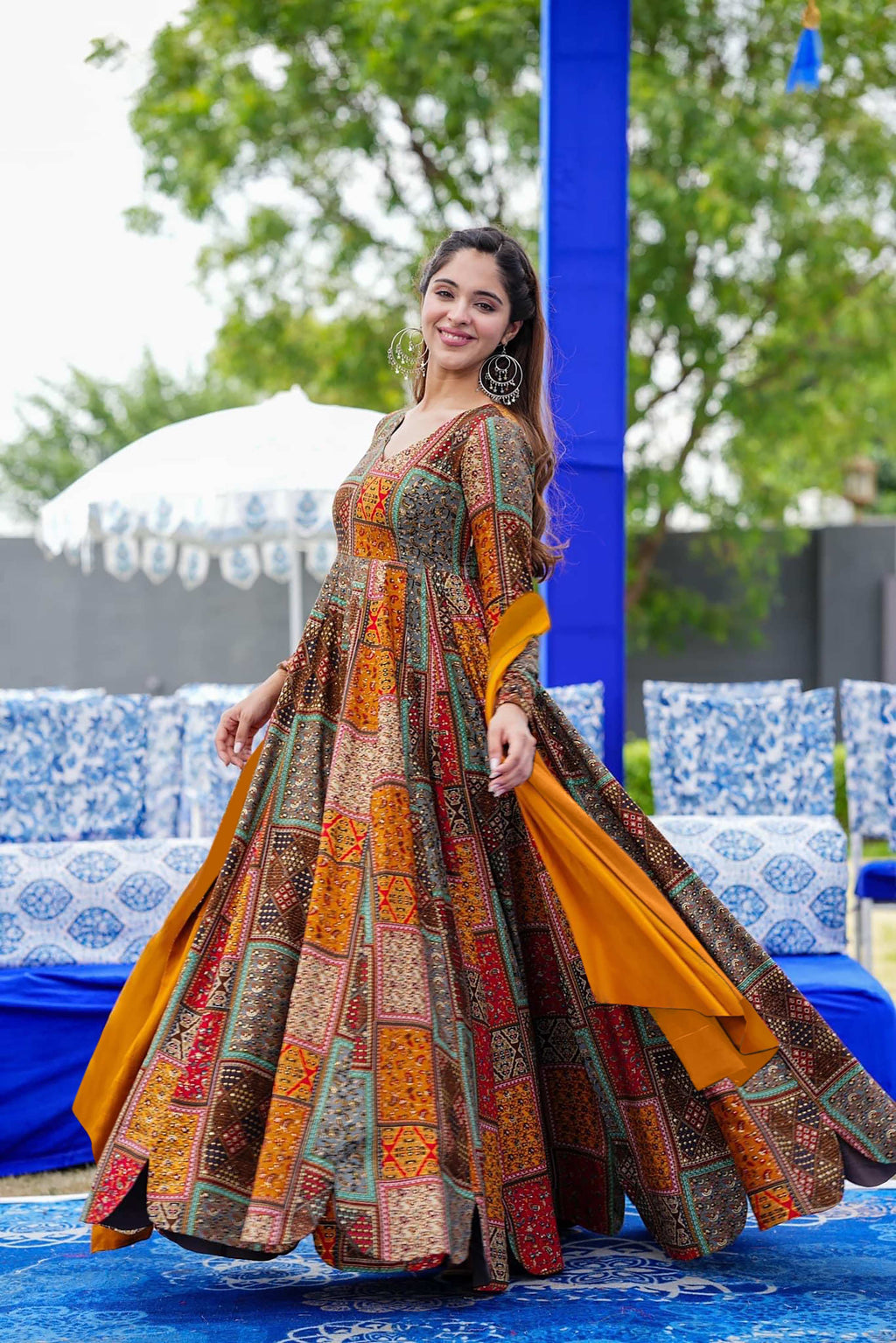 Sonakshi Women's Multicolor Rayon Digital Print Full Round Flair Anarkali Gown Set With Dupatta | Grocsy
