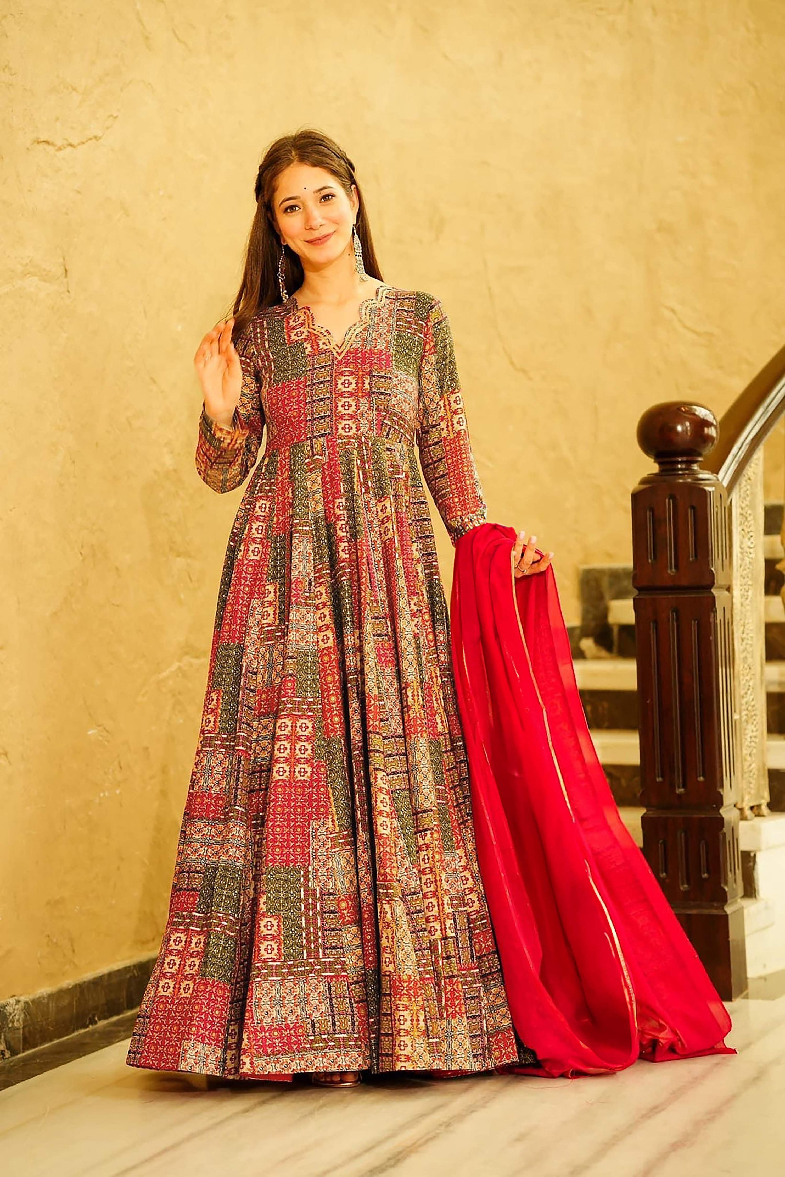 Sonakshi Women's Multicolor Rayon Digital Print Full Round Flair Anarkali Gown Set With Dupatta | Grocsy