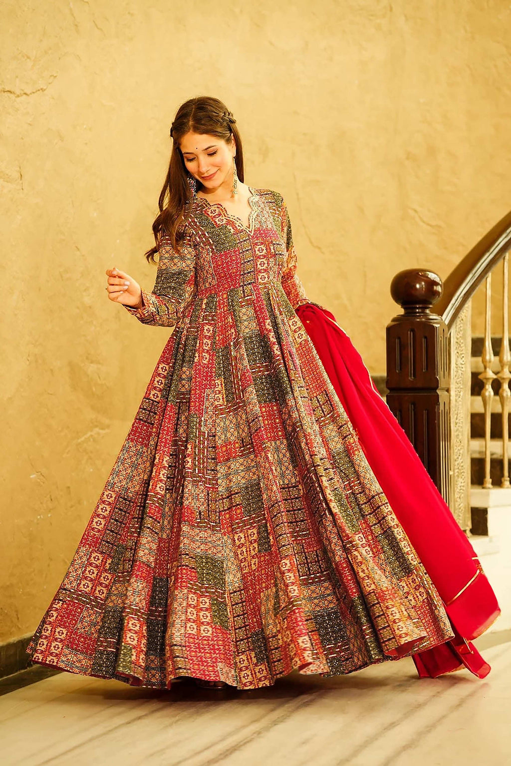 Sonakshi Women's Multicolor Rayon Digital Print Full Round Flair Anarkali Gown Set With Dupatta | Grocsy