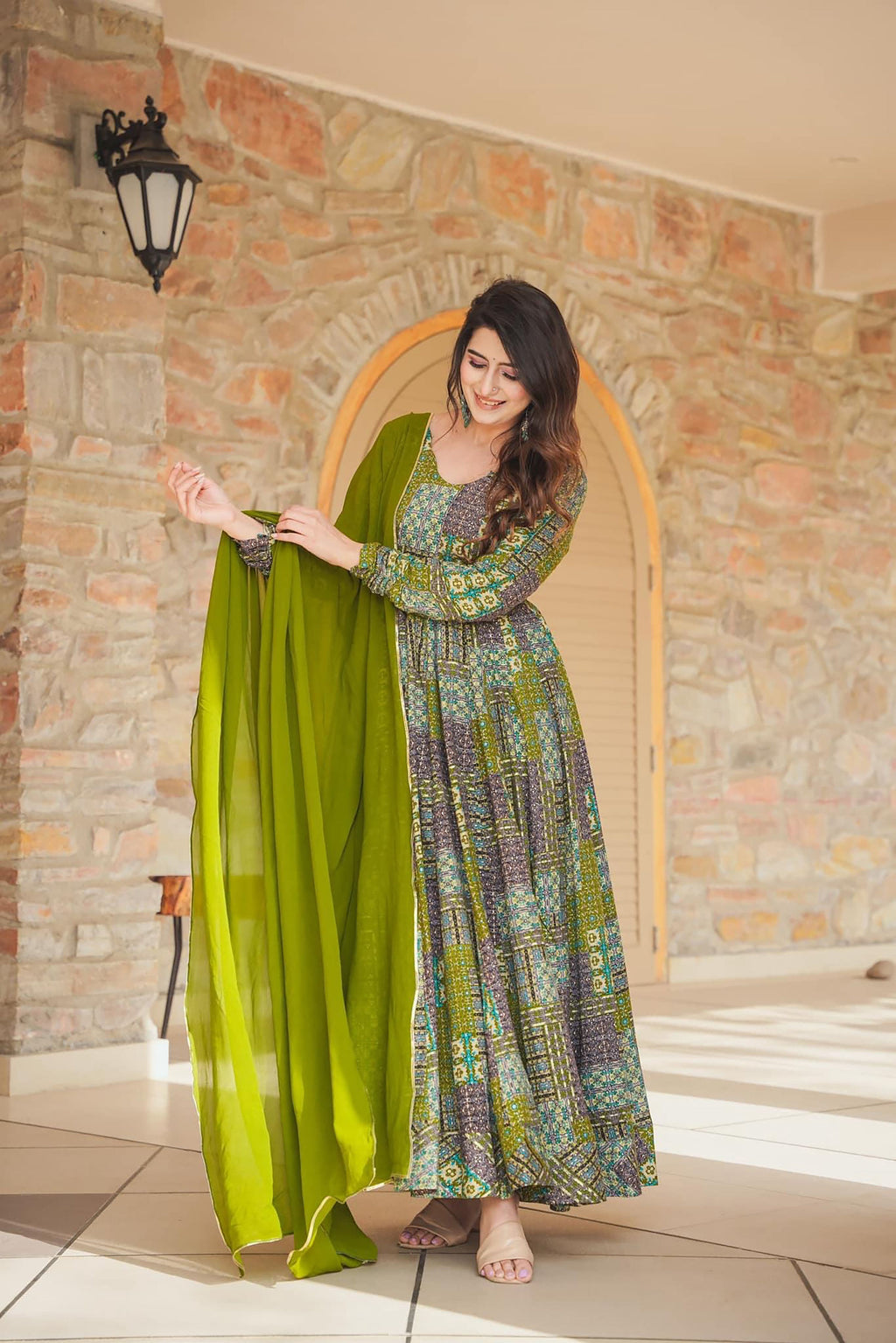 Sonakshi Women's Green Rayon Digital Print Full Round Flair Anarkali Gown Set With Dupatta | Grocsy