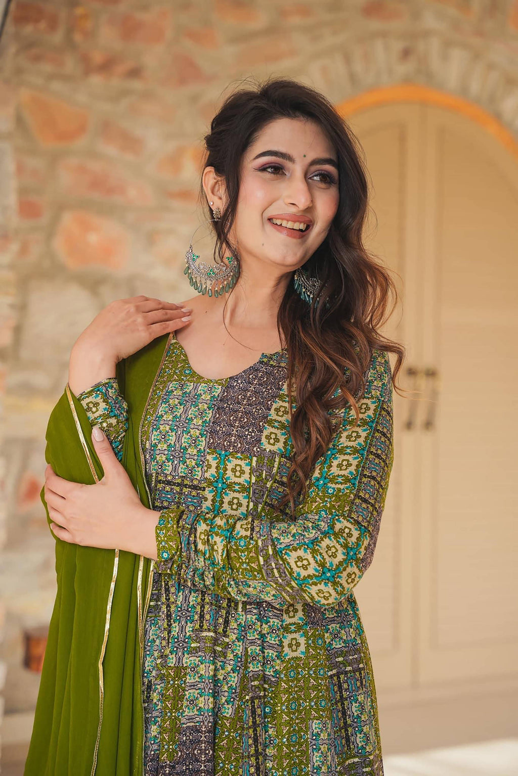 Sonakshi Women's Green Rayon Digital Print Full Round Flair Anarkali Gown Set With Dupatta | Grocsy